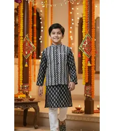 Black Printed Kurta Set with Jacket