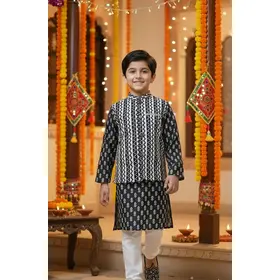 Black Printed Kurta Set with Jacket