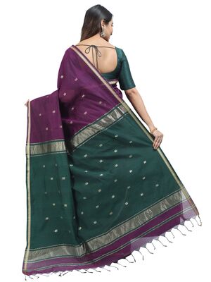 Purple Cotton Saree with green pallu